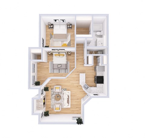 Floor plan for 2 beds, 1 bath, 910 sqft
